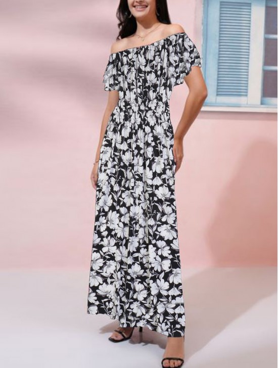 Off-The-Shoulder Floral Print Midi Dress